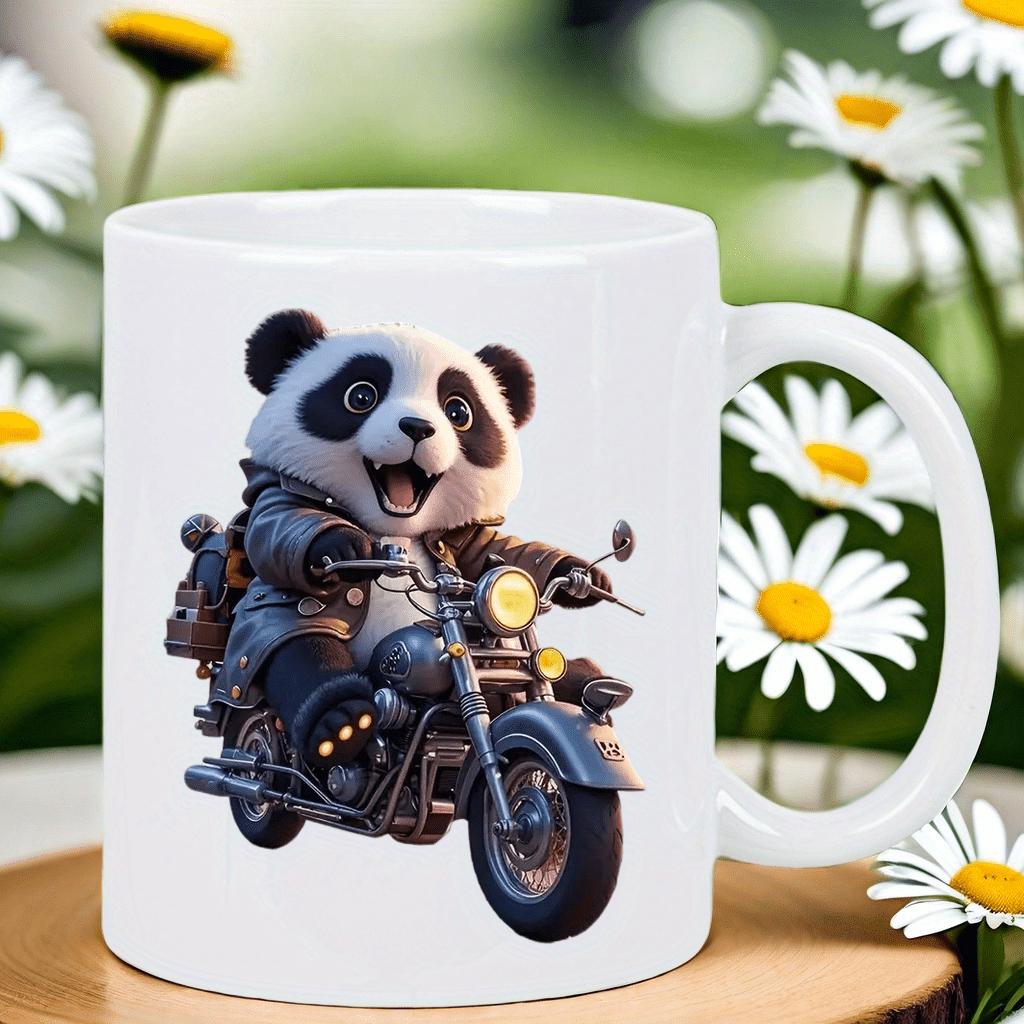 Tailorly White Ceramic 11 oz Mug - Joyful Giant Panda Wearing Jacket Riding A Vintage Chrome Motorcycle Panda
