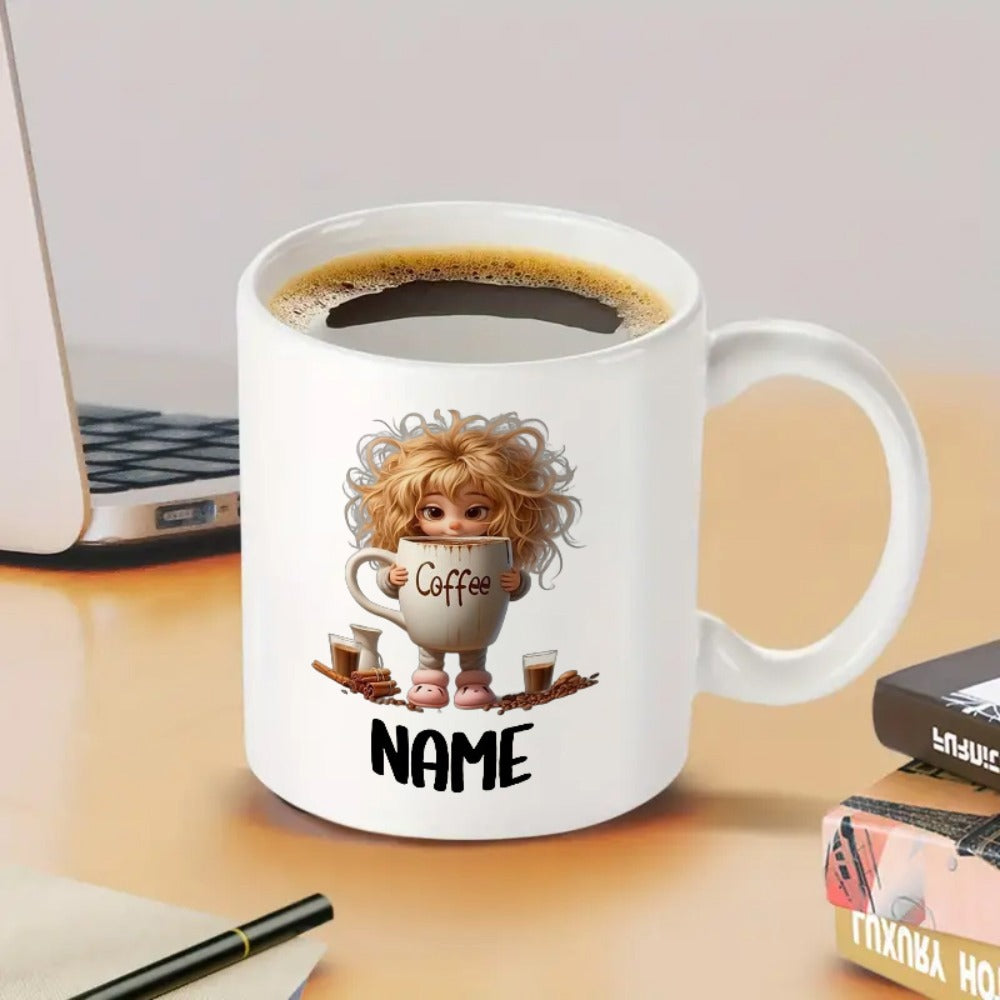 Tailorly White Ceramic 11 oz Mug - Coffee Name Adorable Tiny Messy Haired Blonde Character Holding A Small Warm Coffee Cup Girl