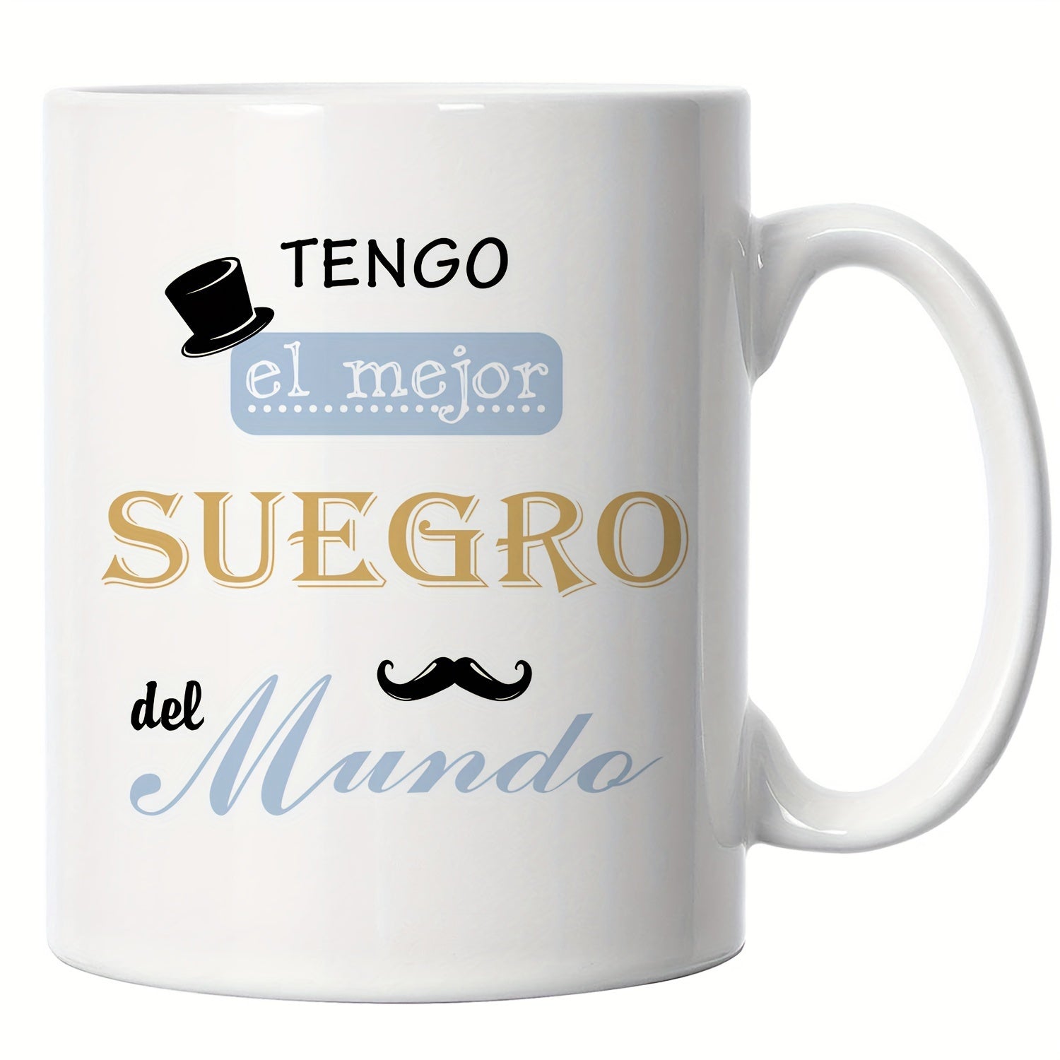 Tailorly White Ceramic 11 oz Mug - Elegant Vintage Gentleman Style With Black Top Hat And Curved Mustache