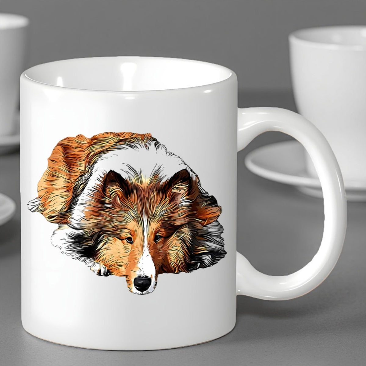 Tailorly White Ceramic 11 oz Mug - Hand Painted Detailed Sheltie Dog Lying Down In A Relaxed Pose Collie