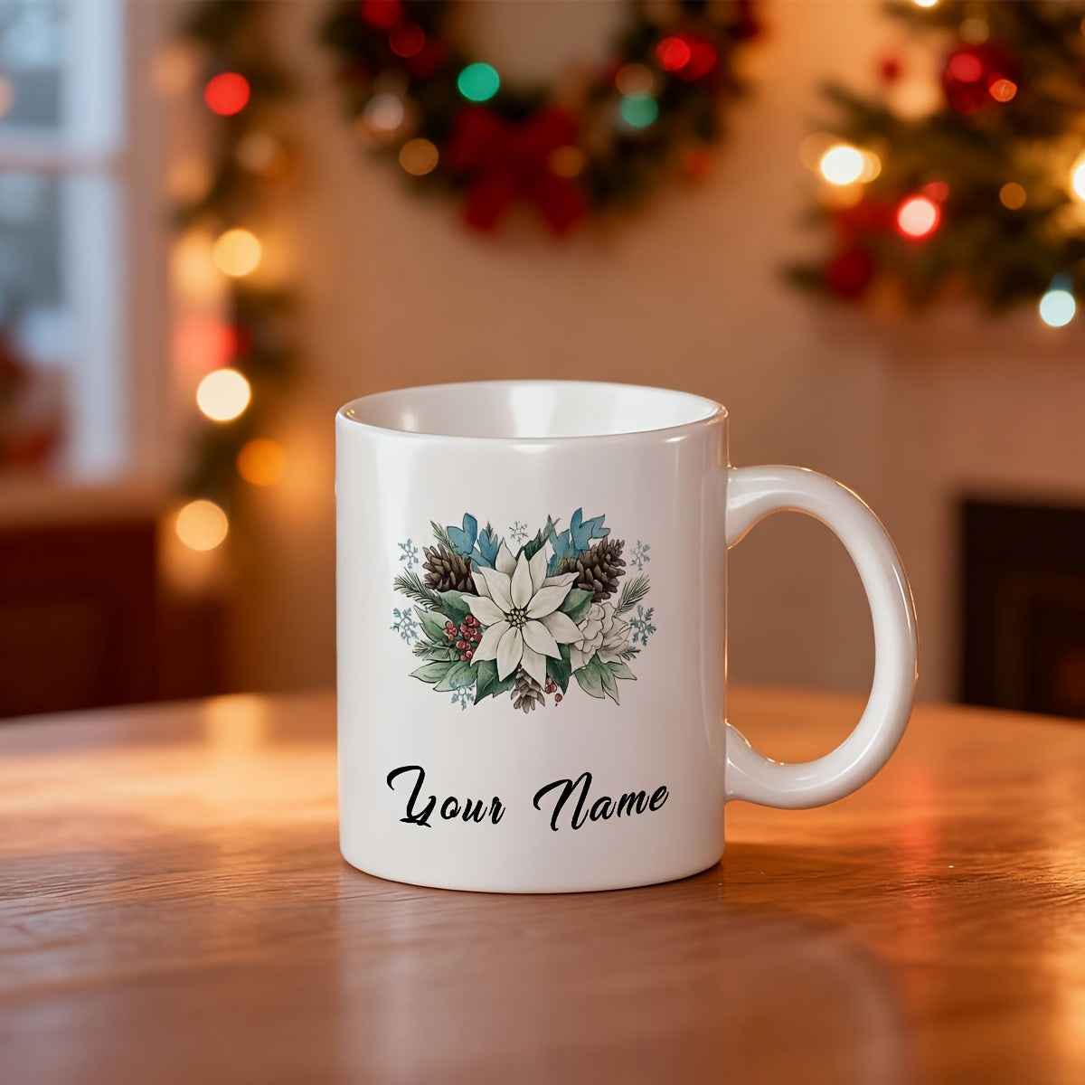 Tailorly White Ceramic 11 oz Mug - Your Name Elegant White Poinsettia Blossoms Among Green Pine Needles And Rustic Cones Mug