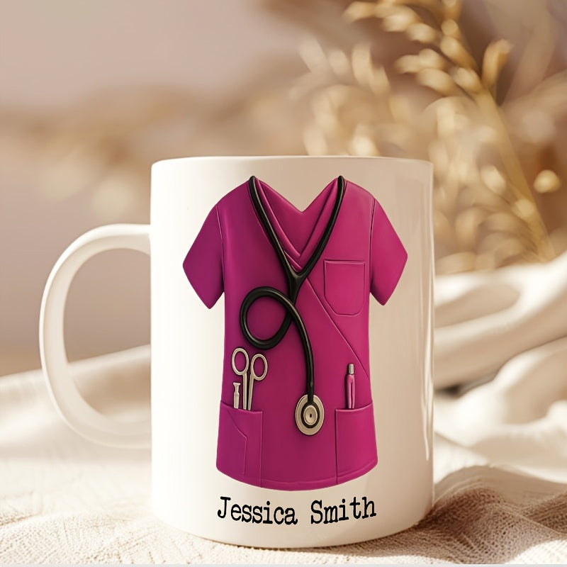 Tailorly White Ceramic 11 oz Mug - Jessica Smith Pink Medical Uniform With Stethoscope And Surgical Tools For Healthcare Scrub
