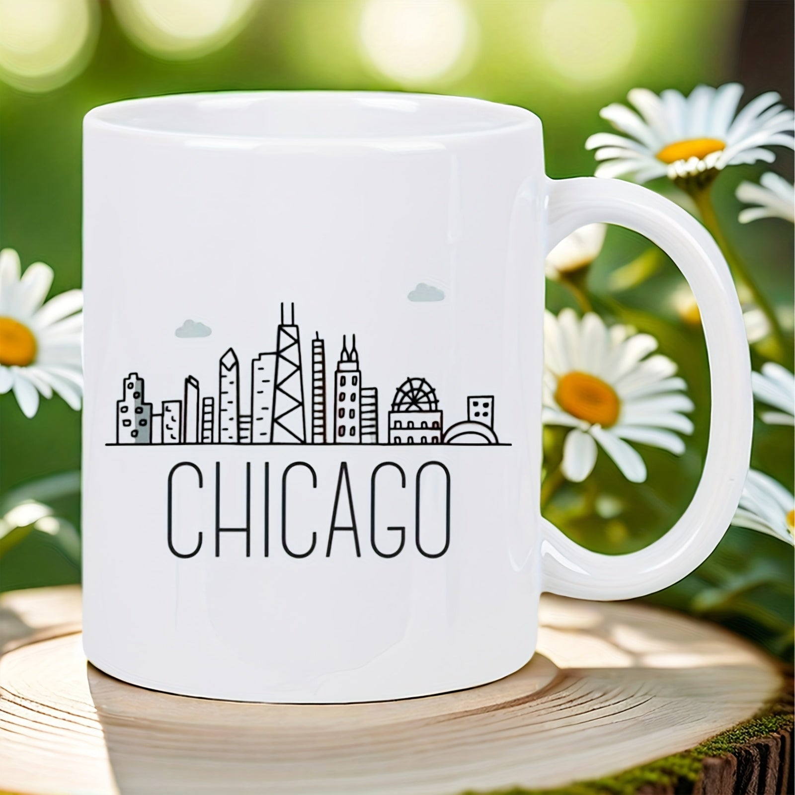 Tailorly White Ceramic 11 oz Mug - Chicago Minimalist Black Line Art Featuring Famous Architectural Landmarks And Skyscrapers Skyline