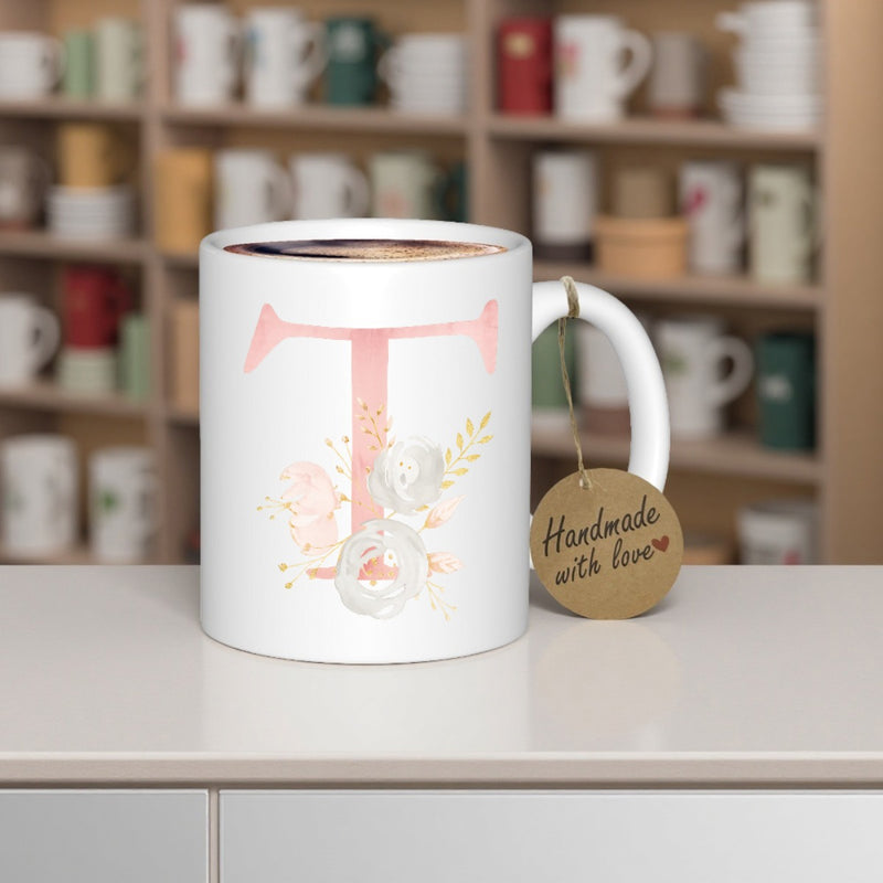 Tailorly White Ceramic 11 oz Mug - Handmade With Love Large Pink Letter T Decorated With Elegant Watercolor Roses And Leaves Mug