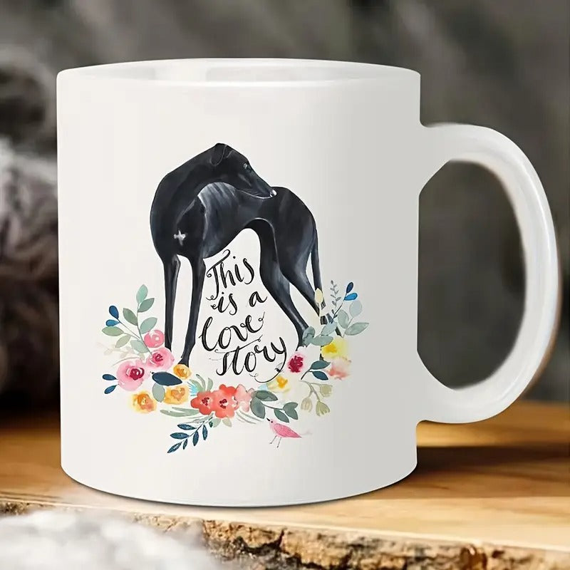 Tailorly White Ceramic 11 oz Mug - This Is A Love Story Elegant Black Sighthound Standing Amidst A Colorful Blooming Watercolor Garden Dog