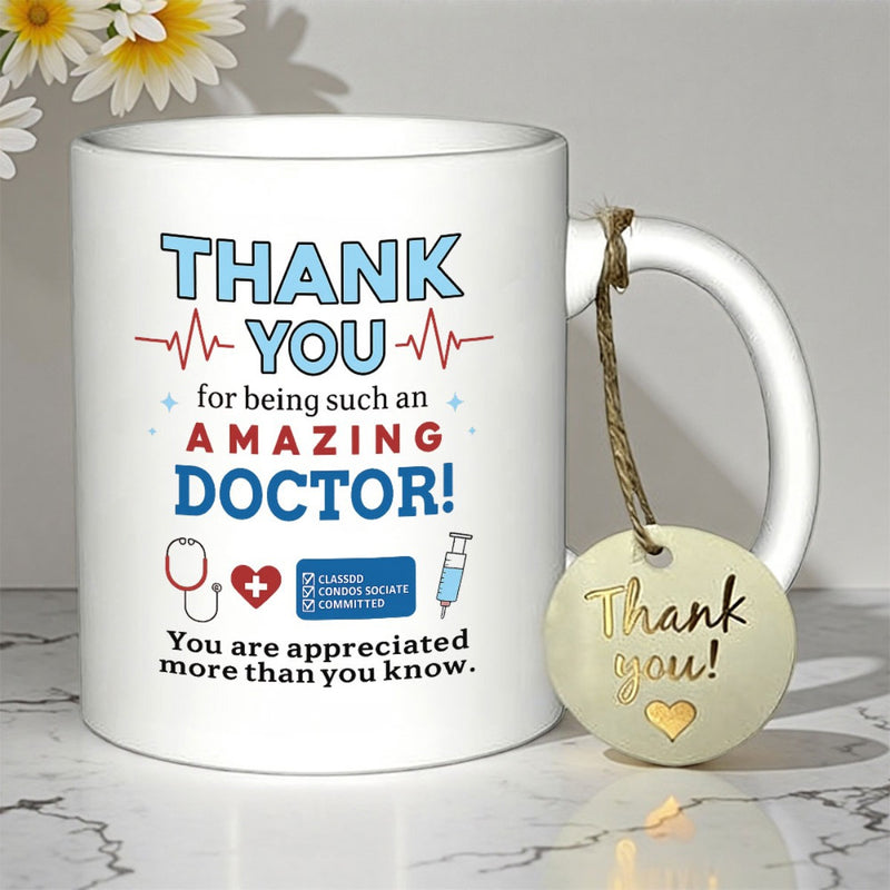 Tailorly White Ceramic 11 oz Mug - Thank You For Being Such An Amazing Doctor Medical Heartbeat Lines With Stethoscope And Syringe Symbols Healthcare Mug