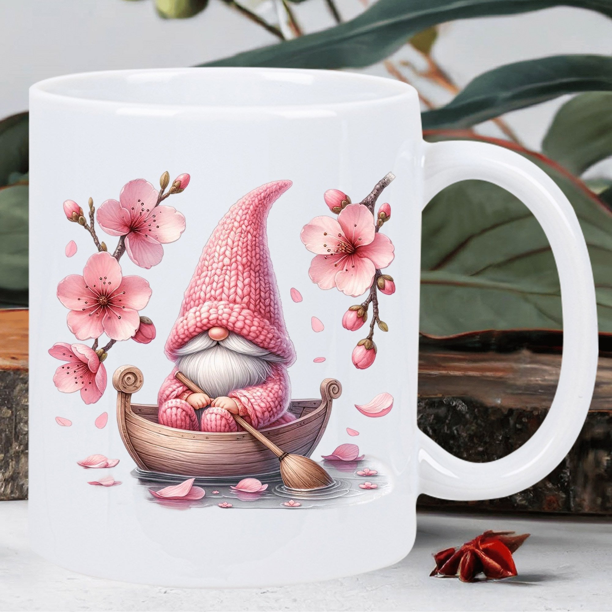 Tailorly White Ceramic 11 oz Mug - Pink Knitted Hat Gnome Rowing Boat Surrounded By Spring Cherry Blossoms Gnome