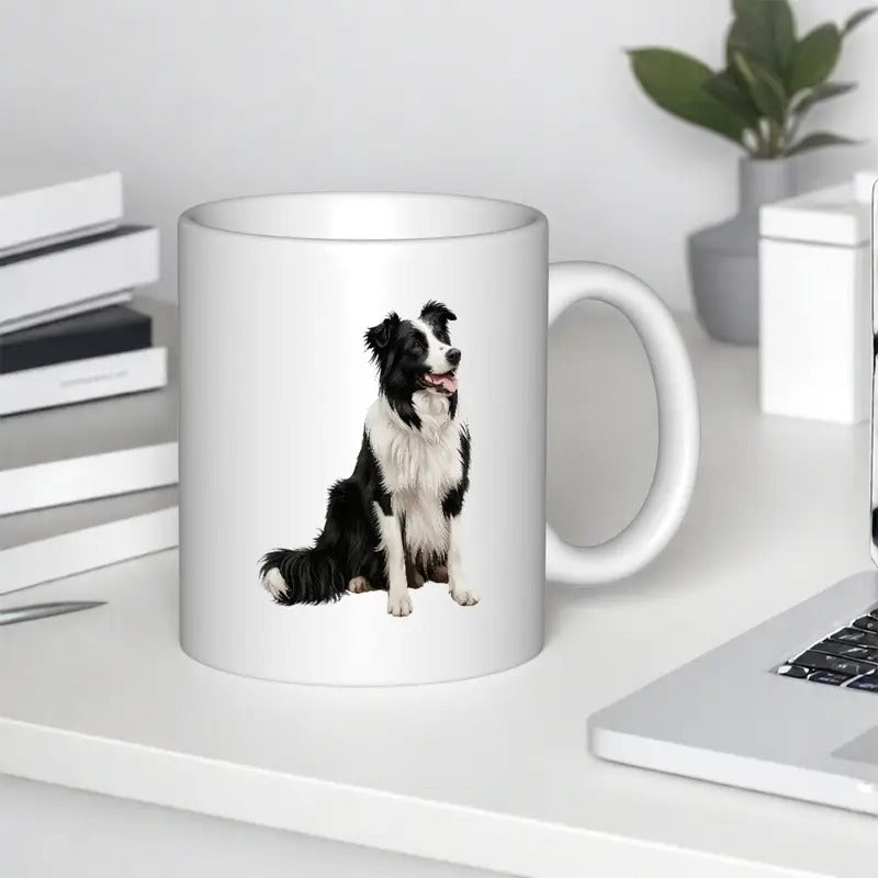 Tailorly White Ceramic 11 oz Mug - Sitting Border Collie With Realistic Black And White Fur Looking Sideways Dog