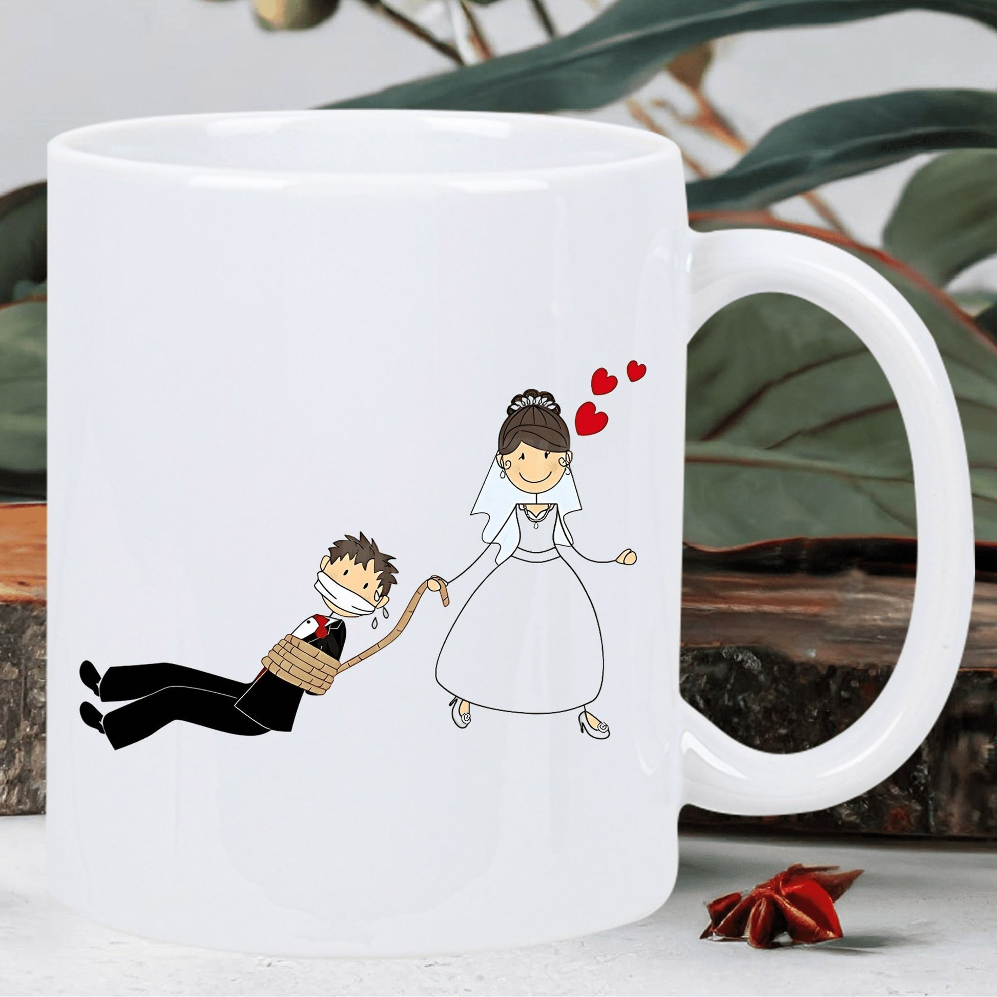 Tailorly White Ceramic 11 oz Mug - Funny Cartoon Bride Dragging Groom With Rope And Floating Red Hearts Couple