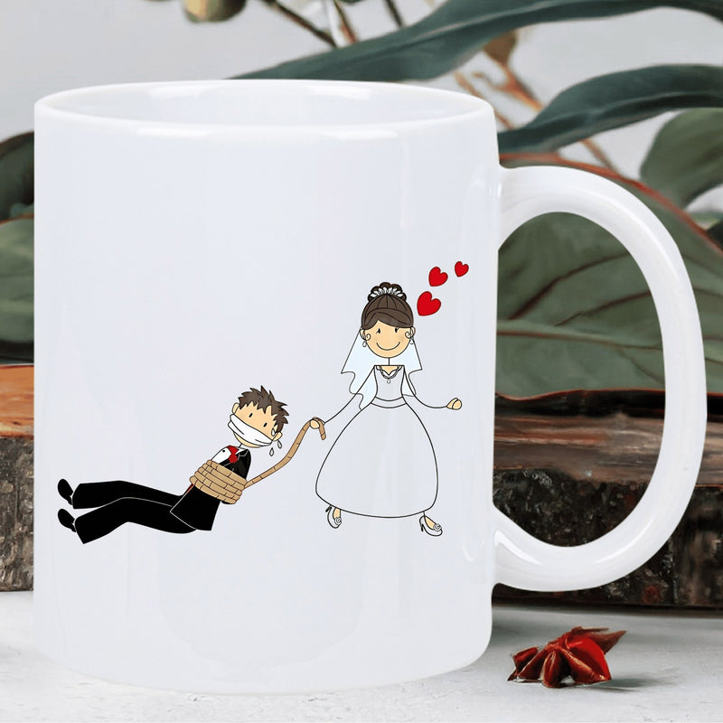 Tailorly White Ceramic 11 oz Mug - Funny Cartoon Bride Dragging Groom With Rope And Floating Red Hearts Couple