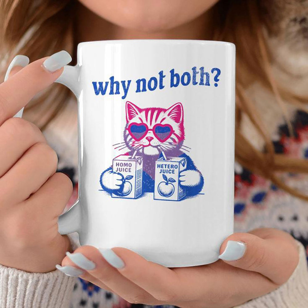 Tailorly White Ceramic 11 oz Mug - Why Not Both Homo Juice Hetero Juice Colorful Striped Feline Wearing Heart Shaped Sunglasses Sucking Through Two Straws Cat