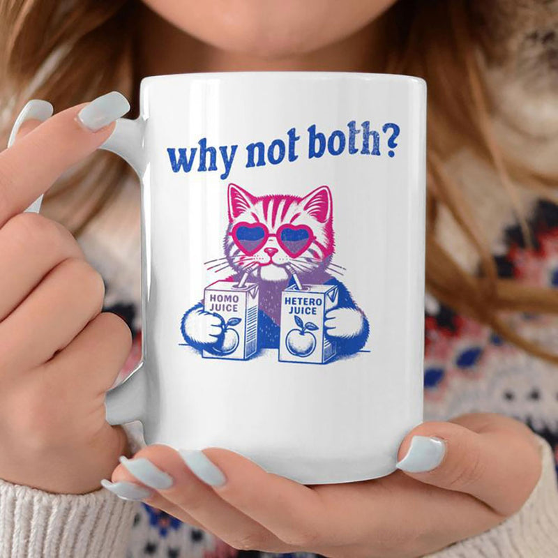 Tailorly White Ceramic 11 oz Mug - Why Not Both Homo Juice Hetero Juice Colorful Striped Feline Wearing Heart Shaped Sunglasses Sucking Through Two Straws Cat