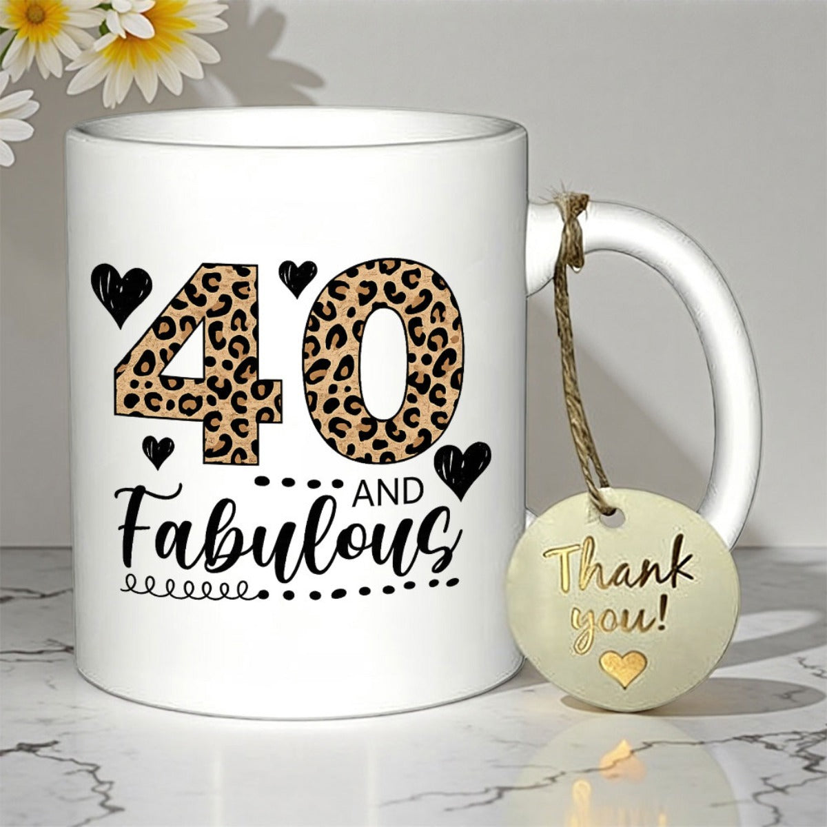Tailorly White Ceramic 11 oz Mug - 40 And Fabulous Elegant Leopard Print Style Design Featuring Small Decorative Black Hearts Number