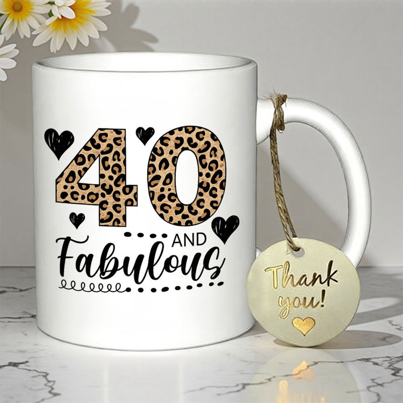 Tailorly White Ceramic 11 oz Mug - 40 And Fabulous Elegant Leopard Print Style Design Featuring Small Decorative Black Hearts Number