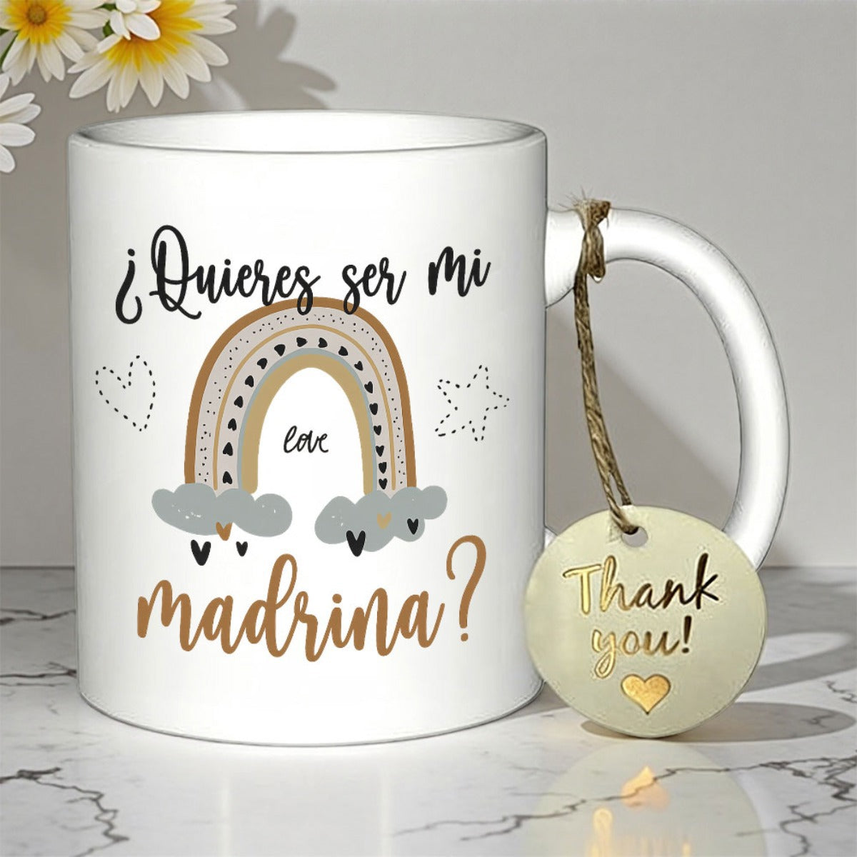 Tailorly White Ceramic 11 oz Mug - Thank You Boho Style Earthy Tone Rainbow With Small Hearts And Fluffy Clouds Rainbow