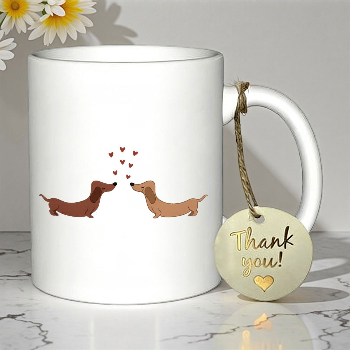 Tailorly White Ceramic 11 oz Mug - Thank You Two Loving Dachshunds Facing Each Other With Small Red Hearts Dachshund