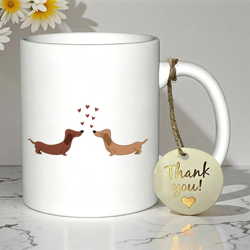 Tailorly White Ceramic 11 oz Mug - Thank You Two Loving Dachshunds Facing Each Other With Small Red Hearts Dachshund