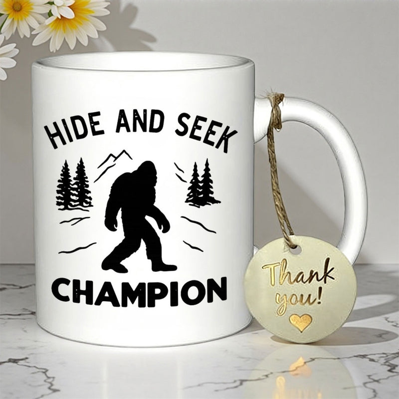 Tailorly White Ceramic 11 oz Mug - Hide And Seek Champion Mysterious Walking Sasquatch Silhouette Among Majestic Pine Trees And Distant Mountains Bigfoot