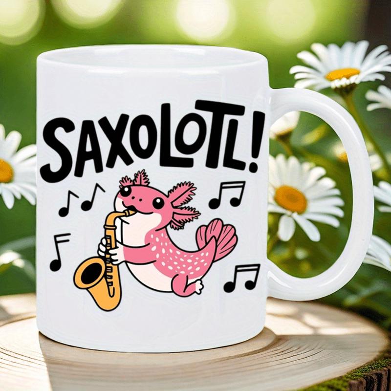 Tailorly White Ceramic 11 oz Mug - Saxolotl Cute Pink Cartoon Character Playing Gold Saxophone Surrounded By Musical Notes Axolotl