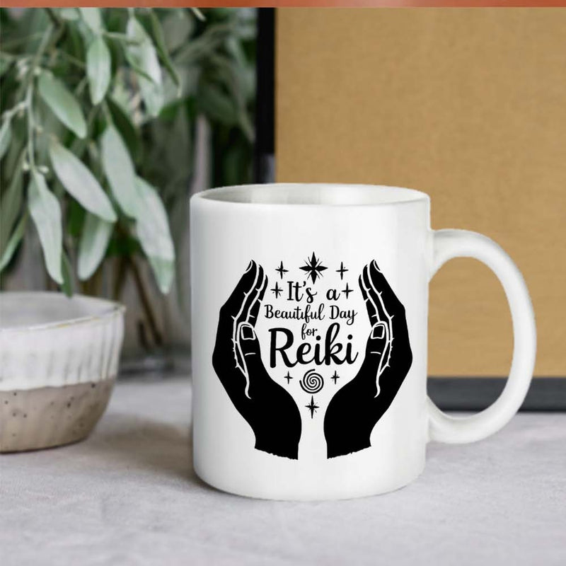 Tailorly White Ceramic 11 oz Mug - Its A Beautiful Day For Reiki Graceful Black Silhouettes Of Healing Palms Cupping Spiritual Sparkles Hands