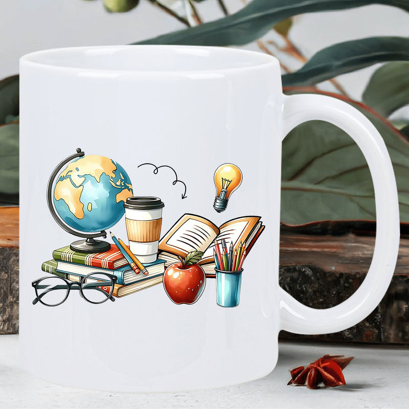 Tailorly White Ceramic 11 oz Mug - Educational Essentials Featuring A Globe And Stacked Books With An Apple Illustration