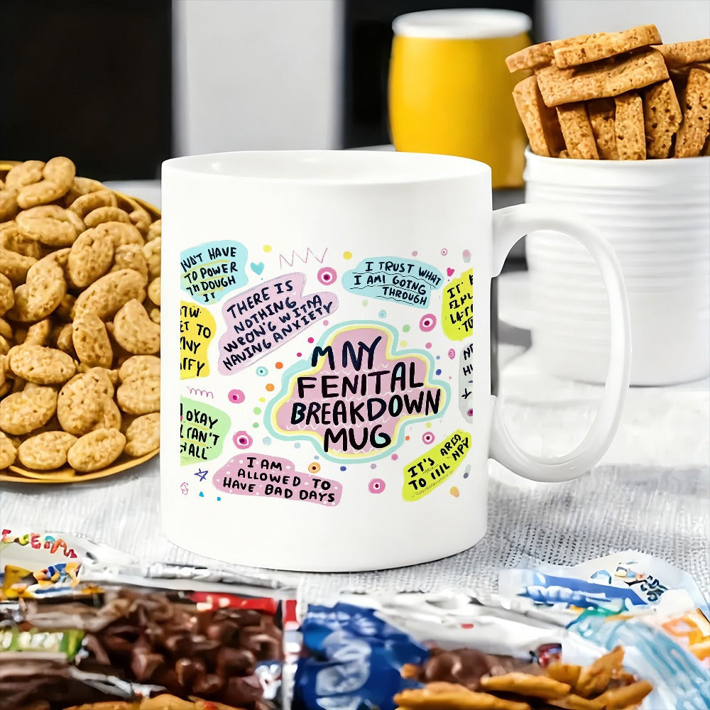 Tailorly White Ceramic 11 oz Mug - My Mental Breakdown Mug Vibrant Hand Drawn Motivational Quotes With Colorful Abstract Shapes Mug