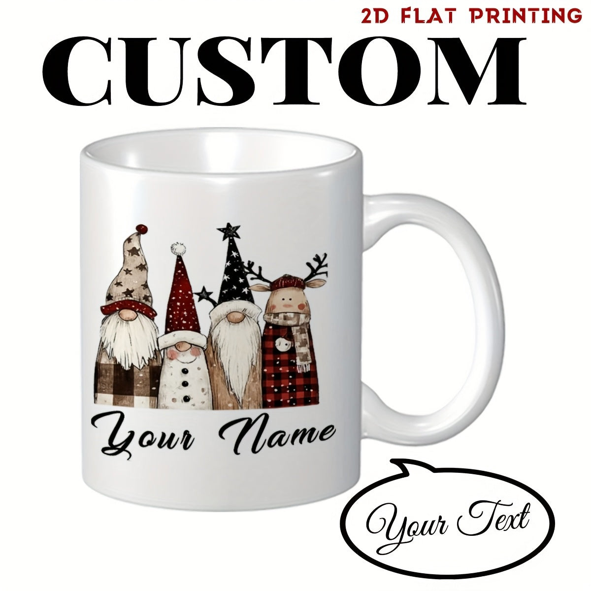 Tailorly White Ceramic 11 oz Mug - Custom Your Name Your Text Festive Watercolor Gnomes Wearing Patterns Of Plaid And Stars Gnomes