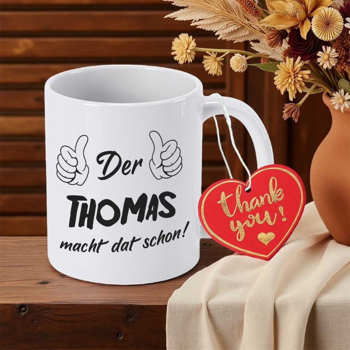 Tailorly White Ceramic 11 oz Mug - Thomas Thank You Simple Outlined Hand Gestures Showing Positive Approval With Thumbs Up Hands