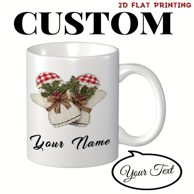 Tailorly White Ceramic 11 oz Mug - Your Name Festive White Knitted Mittens Featuring Red Gingham And Holly Berry Mitten