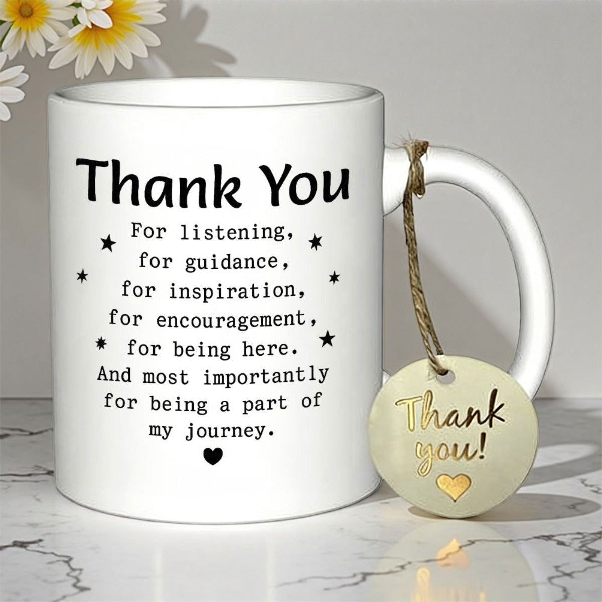 Tailorly White Ceramic 11 oz Mug - Thank You For Being A Part Of My Journey Minimalist Black Lettering On Clean White Porcelain With Small Twinkling Stars Mug