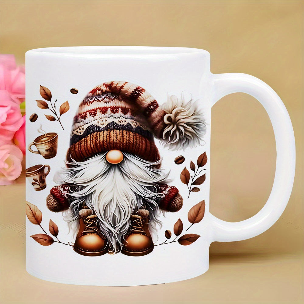 Tailorly White Ceramic 11 oz Mug - Whimsical Forest Creature Wearing Patterned Knitted Hat Among Autumn Coffee Leaves Gnome