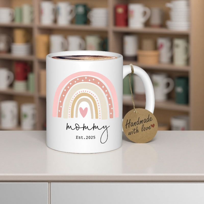 Tailorly White Ceramic 11 oz Mug - Mommy Est 2023 Soft Pastel Bohemian Arc With Tiny Heart Details Rainbow