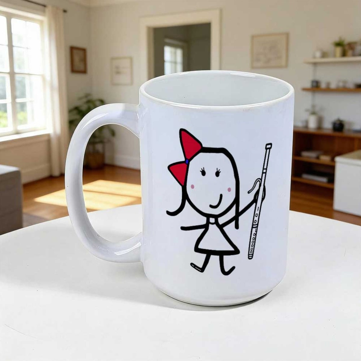 Tailorly White Ceramic 11 oz Mug - Simplified Hand Drawn Stick Figure Wearing Red Bow Holding Long Musical Flute Girl