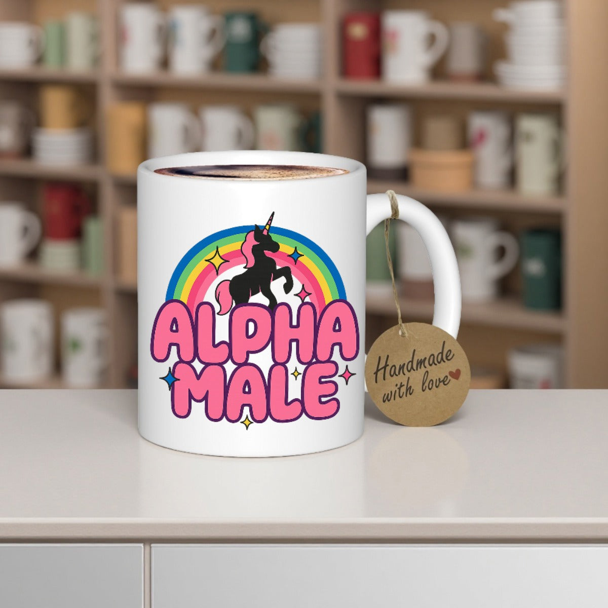 Tailorly White Ceramic 11 oz Mug - Alpha Male Graceful Silhouette Of A Unicorn Leaping Under A Vibrant Colorful Rainbow Unicorn