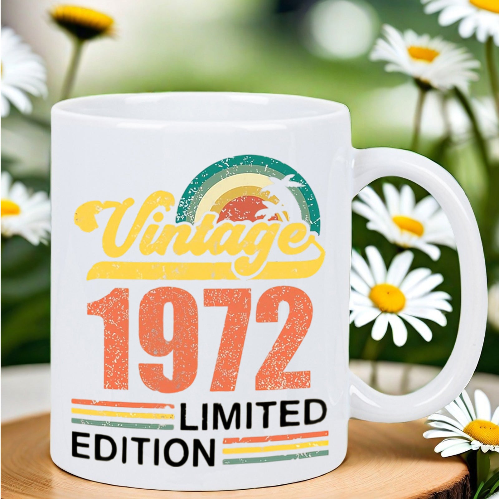 Tailorly White Ceramic 11 oz Mug - Vintage 1972 Limited Edition Retro Colorful Rainbow Setting Sun Featuring Tropical Palm Trees Sunset