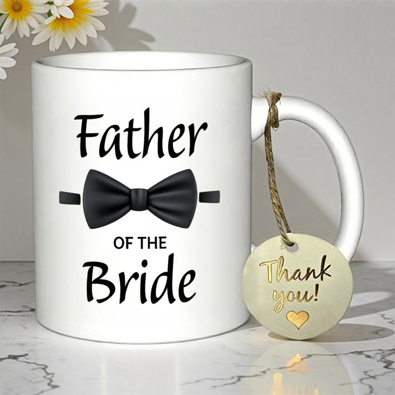 Tailorly White Ceramic 11 oz Mug - Father Of The Bride Thank You Elegant Script Typography With Classic Formal Black Bow Tie Mug