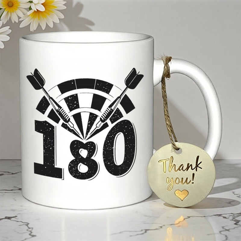 Tailorly White Ceramic 11 oz Mug - 180 Two Sharp Darts Crossing Over A Distressed Circular Target Dartboard