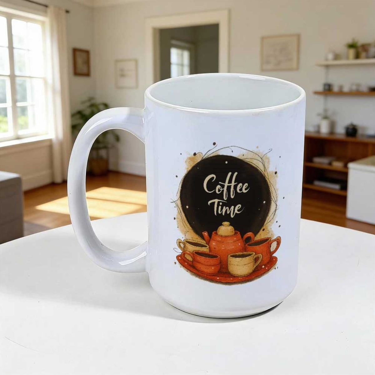 Tailorly White Ceramic 11 oz Mug - Coffee Time Artistic Illustration Of Warm Orange Coffee Cups Under Dark Circle Graphic Teapot