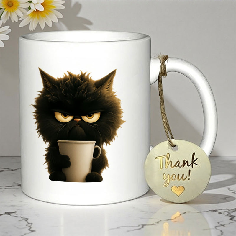 Tailorly White Ceramic 11 oz Mug - Thank You Grumpy Fluffy Black Feline Sitting While Holding A Small Beige Coffee Cat