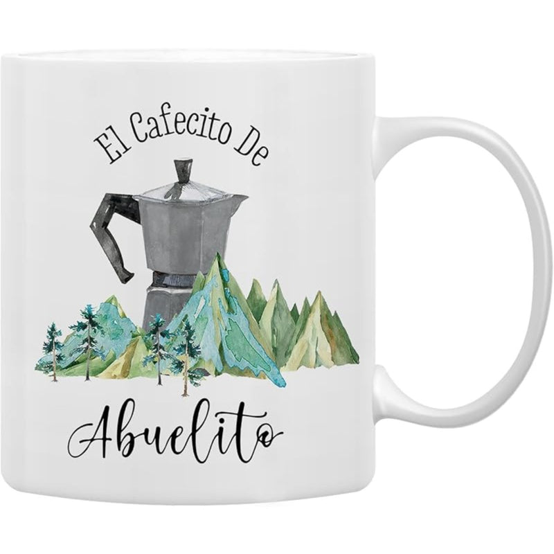 Tailorly White Ceramic 11 oz Mug - Green Watercolor Mountains And Pine Trees Surrounding A Traditional Metal Coffeepot