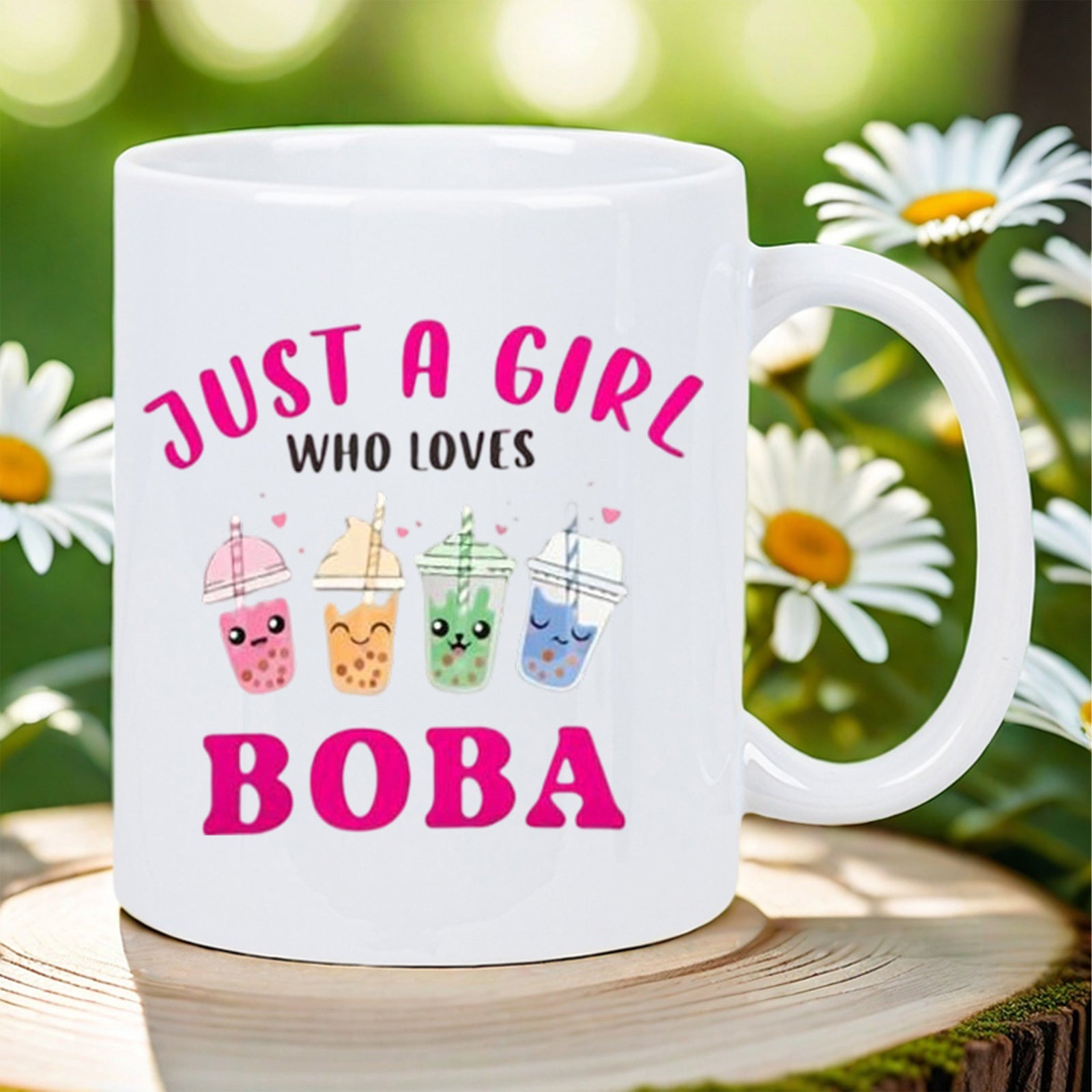 Tailorly White Ceramic 11 oz Mug - Just A Girl Who Loves Boba Four Smiling Colorful Bubble Tea Cups Surrounded By Tiny Pink Hearts Boba