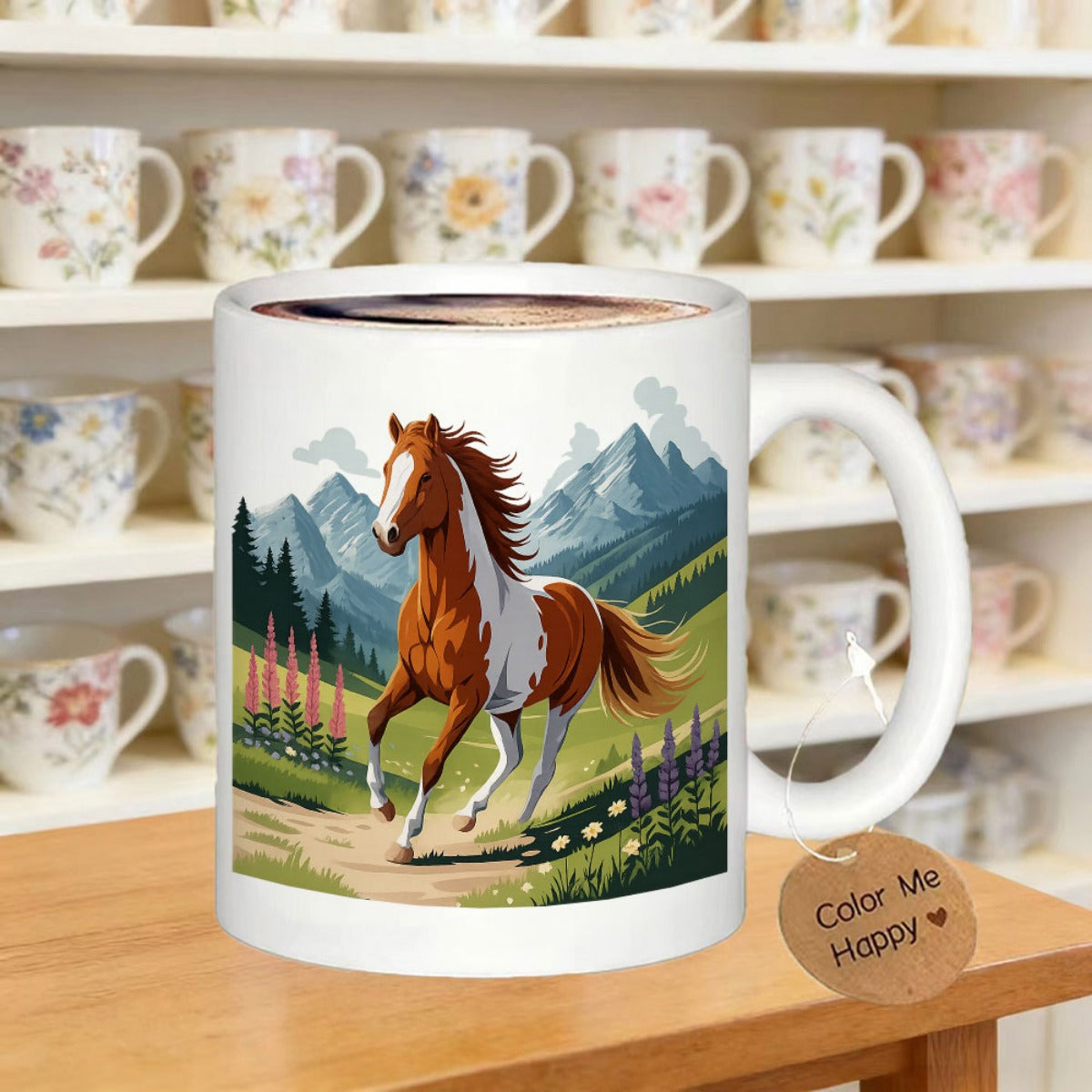 Tailorly White Ceramic 11 oz Mug - Majestic Brown And White Pinto Galloping Through Scenic Green Mountain Landscape Horse
