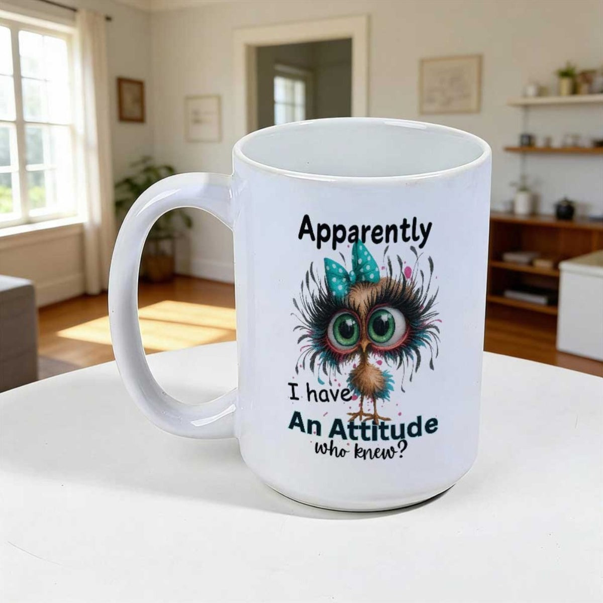 Tailorly White Ceramic 11 oz Mug - Apparently I Have An Attitude Who Knew Cute Cartoon Creature With Large Eyes And Blue Polka Dot Bow Bird