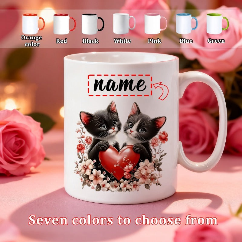 Tailorly White Ceramic 11 oz Mug - Seven Colors To Choose From Two Adorable Kittens Holding A Red Heart Among Delicate Floral Blossoms Cat