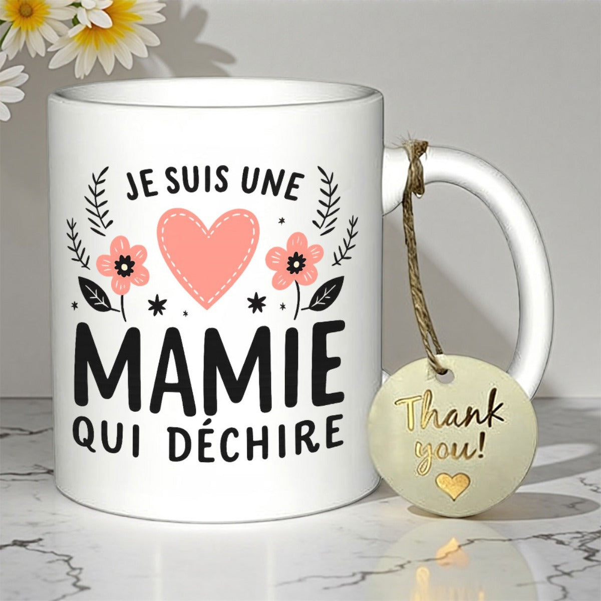 Tailorly White Ceramic 11 oz Mug - Thank You Graceful Pink Heart Surrounded By Delicate Flowers And Elegant Black Leaves Mug