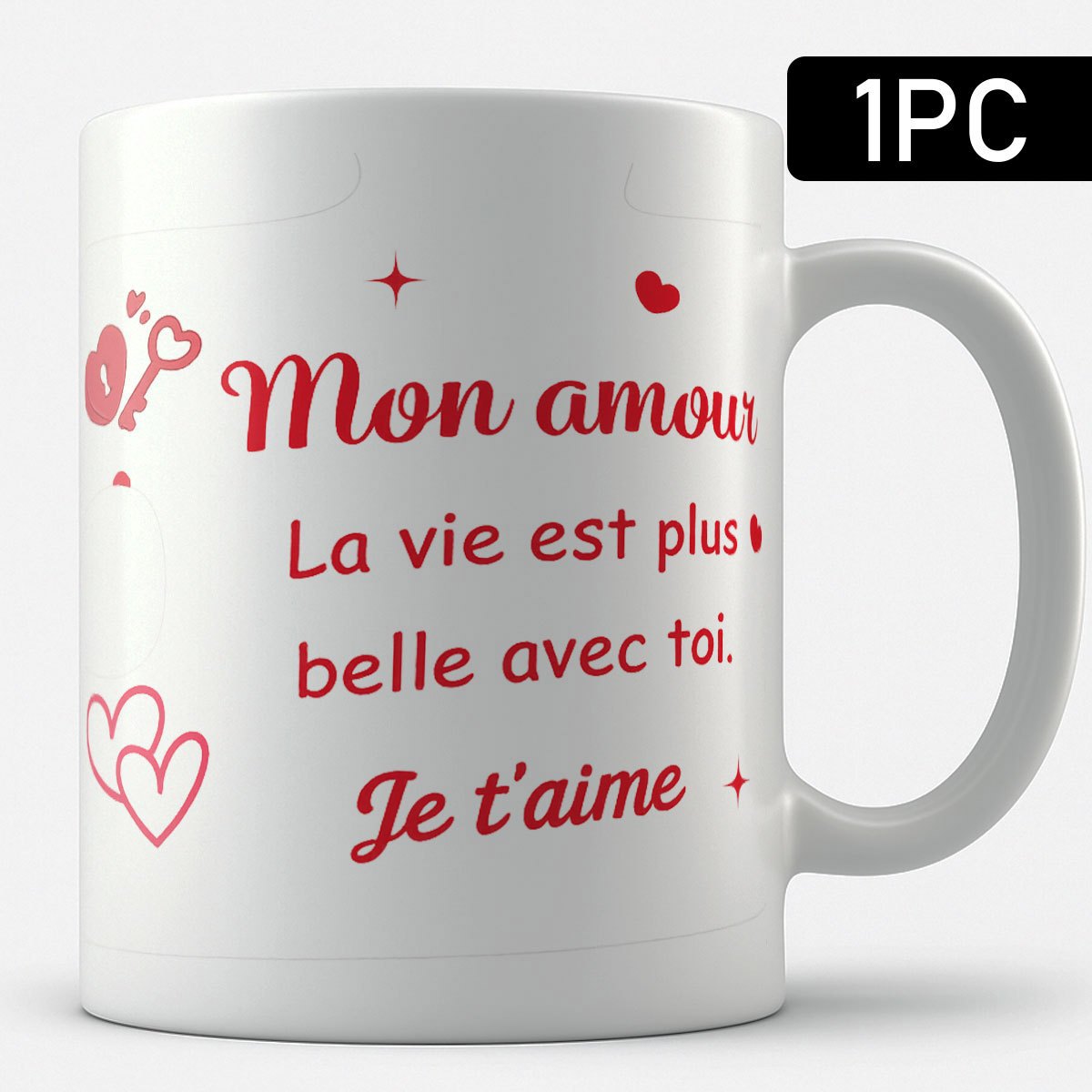 Tailorly White Ceramic 11 oz Mug - Romantic Red Hearts And A Tiny Heart Key With Sparkling Stars Mug