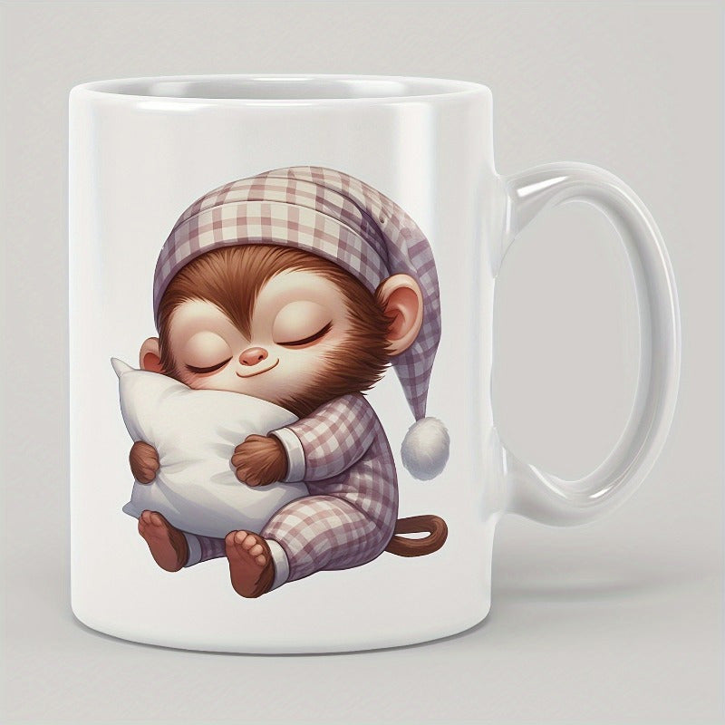 Tailorly White Ceramic 11 oz Mug - Adorable Sleeping Animal Wearing Plaid Pajamas Hugging A Fluffy White Pillow Monkey