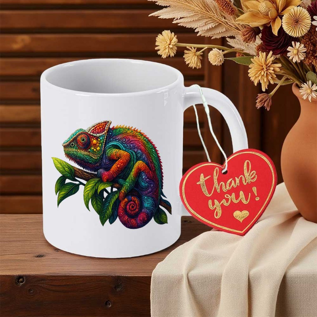 Tailorly White Ceramic 11 oz Mug - Vibrant Multi Colored Reptile Resting On Green Branch Among Lush Leaves Chameleon