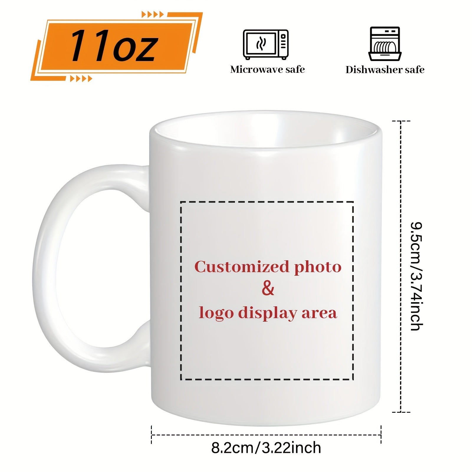 Tailorly White Ceramic 11 oz Mug - Customized Photo Logo Display Area Clean Minimalist White Ceramic Kitchenware Featuring Dimension Lines Mug
