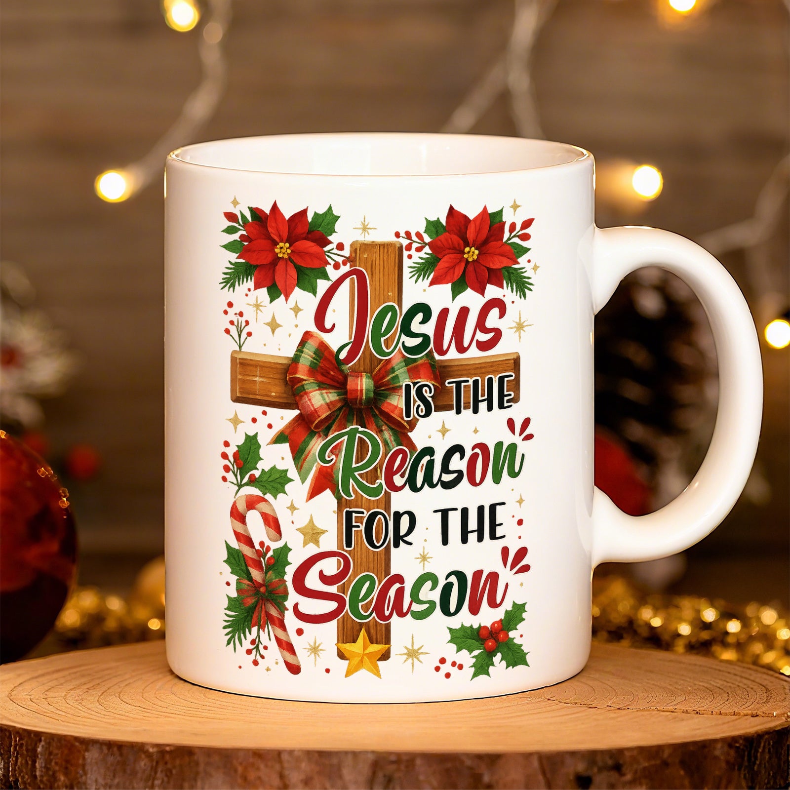 Tailorly White Ceramic 11 oz Mug - Jesus Is The Reason For The Season Festive Floral Pattern With Poinsettia Flowers And Plaid Ribbon Wrapped Cross